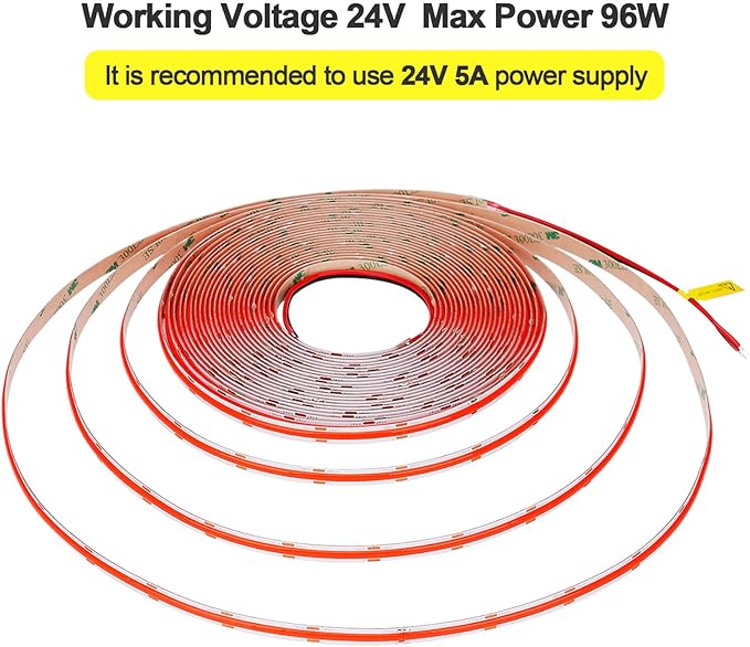 32.8ft/10M 24V Red COB LED Strip Light 3840LEDs Uniform Glow Dotless IP20 Not Waterproof Flexible LED Tape Lights for DIY Cabinet Bedroom Kitchen Home Decor(No Power Supply)