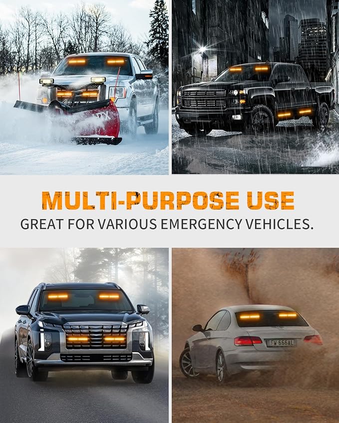 XRIDONSEN Amber Strobe Lights 2x10.7 inch 24 LED Emergency Light Bar Warning Flashing Safety Dash Side Window Front/Rear windshield Lights Grill Surface Mount for Plow Trucks Construction Vehicles Car