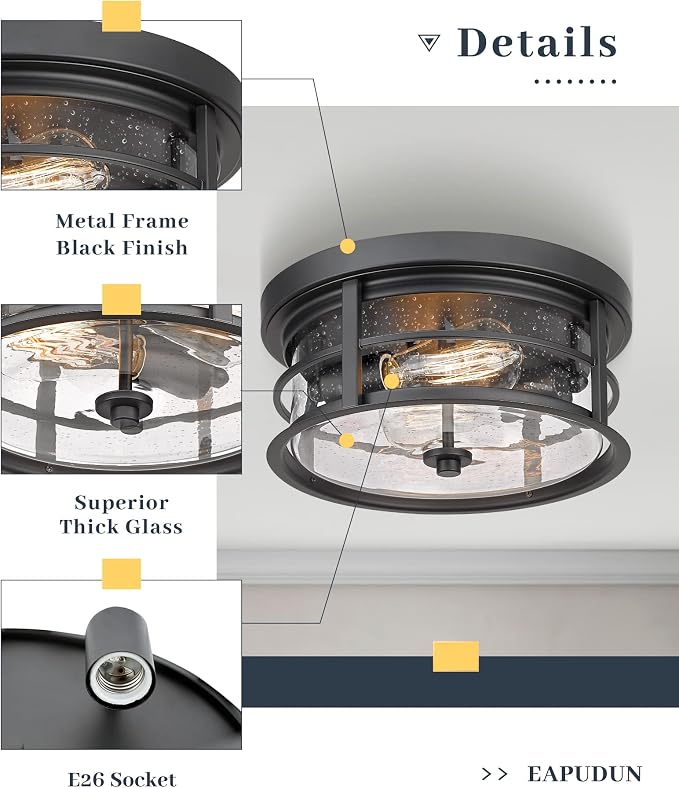 EAPUDUN Flush Mount Ceiling Light, 12inch 2-Light Metal Close to Ceiling Light Fixture, Matte Black Finish with Seed Glass Shade for Hallway Entryway Bedroom Porch