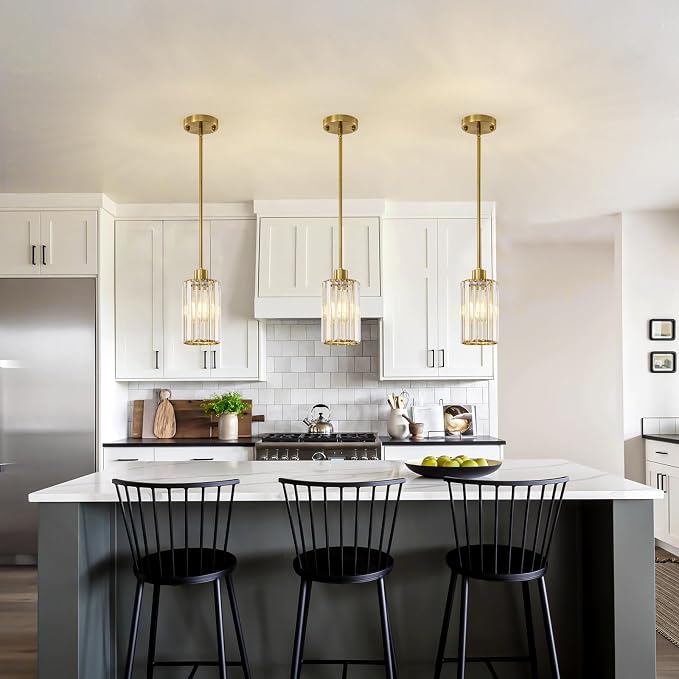 5.1" Mini Modern Brushed Gold Crystal Kitchen Island Pendant Light | Small Crystal Glass Shade, Sparkling Crystal Reflection, Customizable Hanging Height,Fits Most Ceilings, Modern Brushed Brass