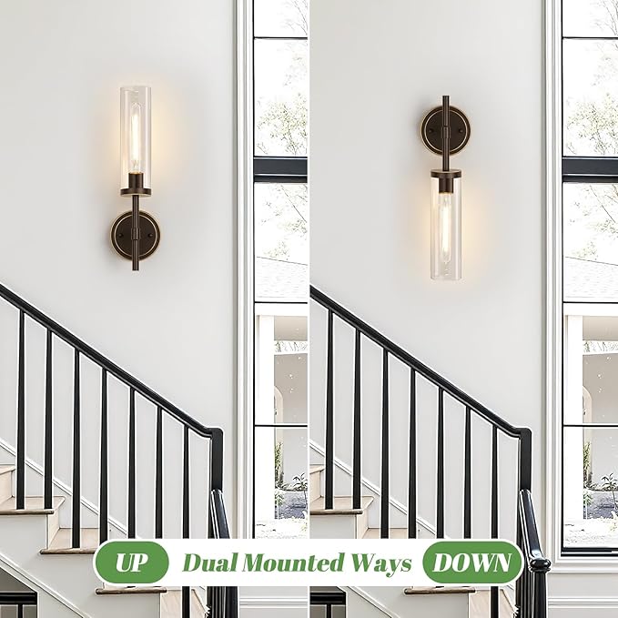 Wall Sconces Set of Two, Brown and Gold Bathroom Sconces with Clear Glass, Hardwired Sconces Wall Decor Set of 2, Modern Wall Light Fixtures for Bathroom Mirror Living Room Bedroom Hallway
