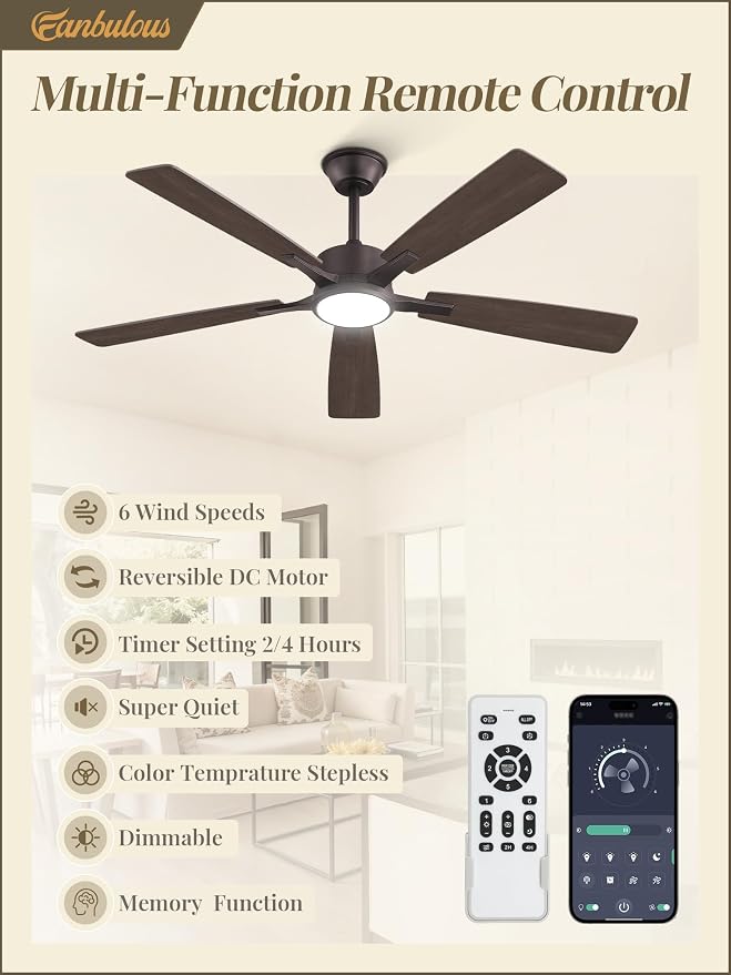 Fanbulous 52 Inch Ceiling Fans with Light, Oil Bronze, Remote & APP Control | Stepless CCT & Dimmable Light, 20W LED Ceiling Fan, 6 Speeds, Reversible Quiet DC Motor, for Bedroom, Living Room, Apartment
