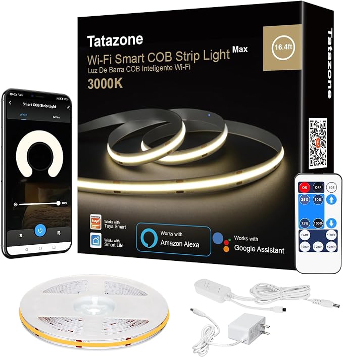 Tatazone WiFi Smart White COB Led Strip Light with Remote | 16.4ft, 3000K, Work with Alexa and Google, Timer, Group Control, Dimmable Warm White for Cabinet, Room, Kitchen, Shelf