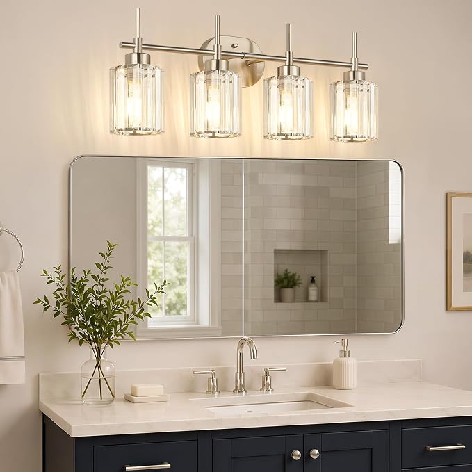 Modern Crystal Vanity Light Fixtures, 4-Light Brushed Nickel Bathroom Vanity Lighting Over Mirror, Bathroom Light Fixture with K9 Clear Crystal Shades for Bedroom, Living Room, Hallway