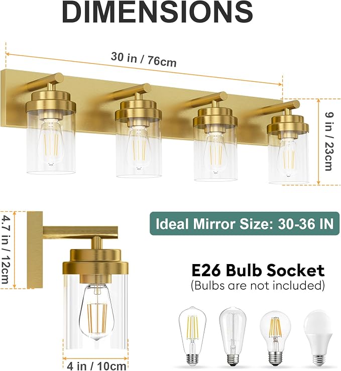 IZORRO Bathroom Vanity Light Fixture, 4-Light 30 Inch Gold Bathroom Light Fixtures Over Mirror, with Clear Glass Shade, Modern Farmhouse Vanity Lights, Rustic Restroom Lighting Fixtures