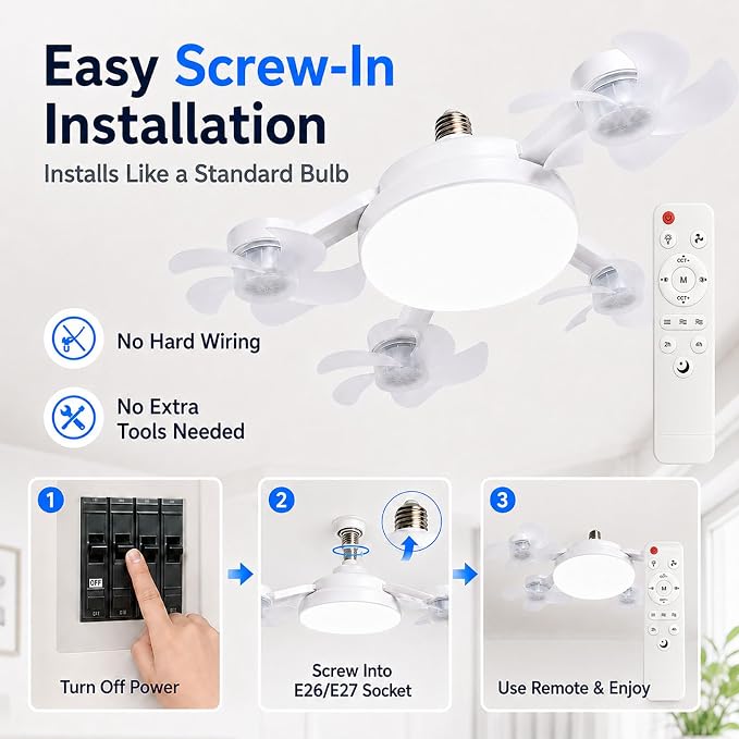 Socket Fan Light, Screw in Ceiling Fan with Remote, Light Socket Fan with LED Light, 3 Speeds, 3 Color Temperatures, Foldable E27 Fan Light for Bedroom Kitchen Garage (4 Head)