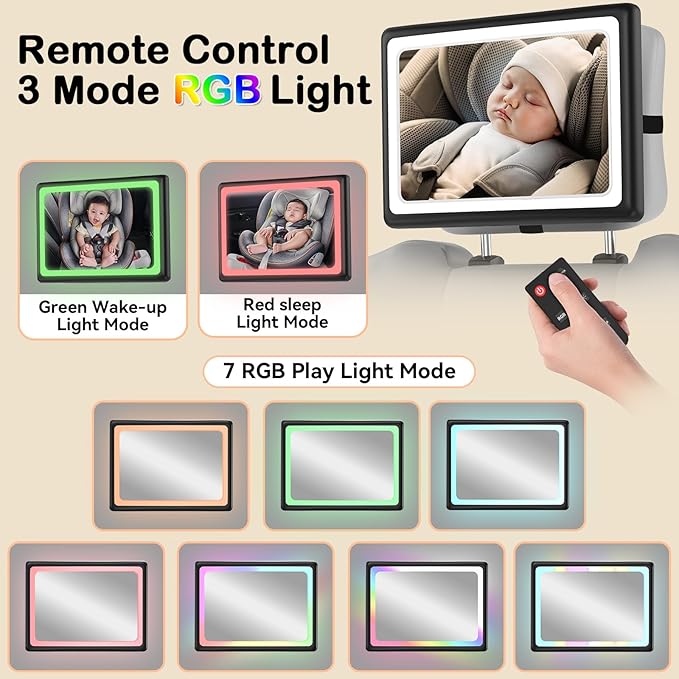 Baby Car Mirror with Light - Remote Control, 360° Adjustable, Shatter Resistant Car Seat Mirror - Clear Night Vision, Easy Installation for Rear Facing Infants