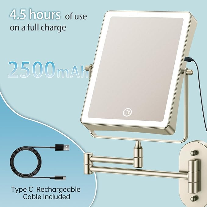FASCINATE Rechargeable Wall Mounted Makeup Mirror with Lights, Bathroom Mirror Rectangle 8.7" Double Sided Touch Switch 1X 10X Magnifying Mirror with 3 Color Setting Extended Arm 360° Swivel Foldable