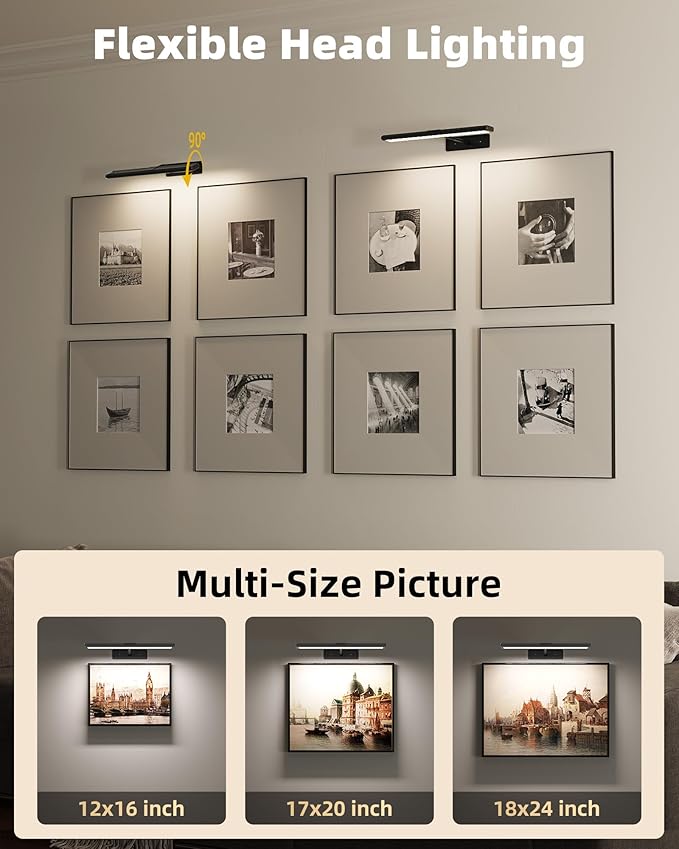 EZVALO Picture Light for Wall, 16'' Black Rechargeable 4800mAh Battery Lights Wireless with IR Remote, Magnetic LED Art Painting Light with 3 Color Temperatures, Display for Gallery, Living Room(2P)