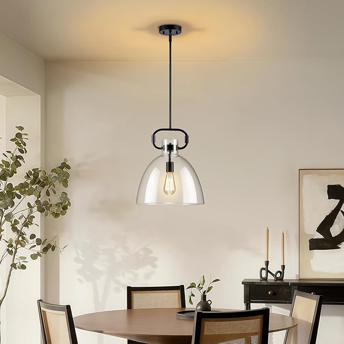 14'' Large Black Pendant Lights Kitchen Island, 1-Light Farmhouses Pendant Lighting Fixture, Adjustable Cord Modern Glass Island Light for Kitchen Bedroom Dining Room, E26
