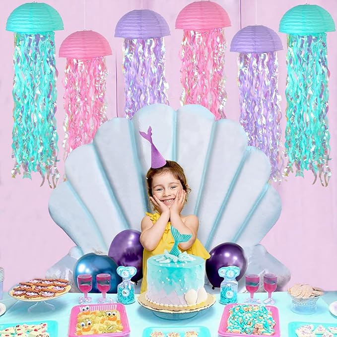 ADLKGG Hanging Jelly Fish Paper Lanterns, Pink Purple Blue Gradient Colorful Paper Lanterns for Mermaid Theme Birthday Party Under The Sea Ocean Baby Shower Indoor Outdoor Decorations
