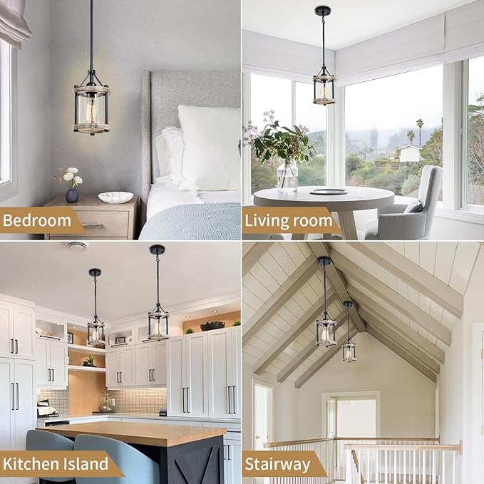 Farmhouse Pendant Light, Rustic White Wood and Metal Cage Hanging Light Fixtures with Glass, 43 Inch Adjustable for Flat and Slop Ceiling, Pendant Lighting for Kitchen Island Foyer Hallway