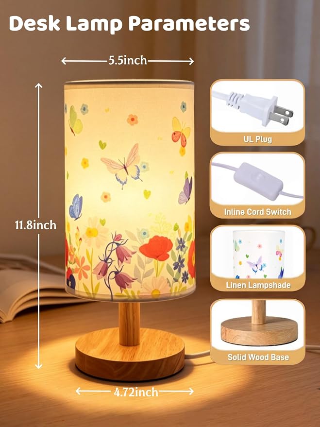 Butterfly Kids Table Lamp for Bedroom Girls Flower Bedside Lamps-3 Colors Nightstand Night Light with Butterfly&Flowers Lampshade Desk Lamp for Boy Girls Room Home Decor,Butterfly Gift for Girl