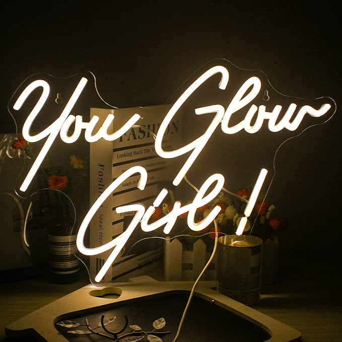 You Glow Girl Neon Sign Led Warm White Word Neon Light Up Signs for Wall Decor Usb Letter Neon Lights for Bedroom Home Wedding Birthday Party Girls Gifts