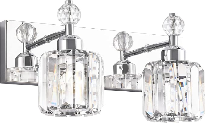 PRESDE Modern Crystal Chrome 2 Light Bathroom Vanity Light for Bathroom Lighting Fixtures Over Mirror Wall Sconce