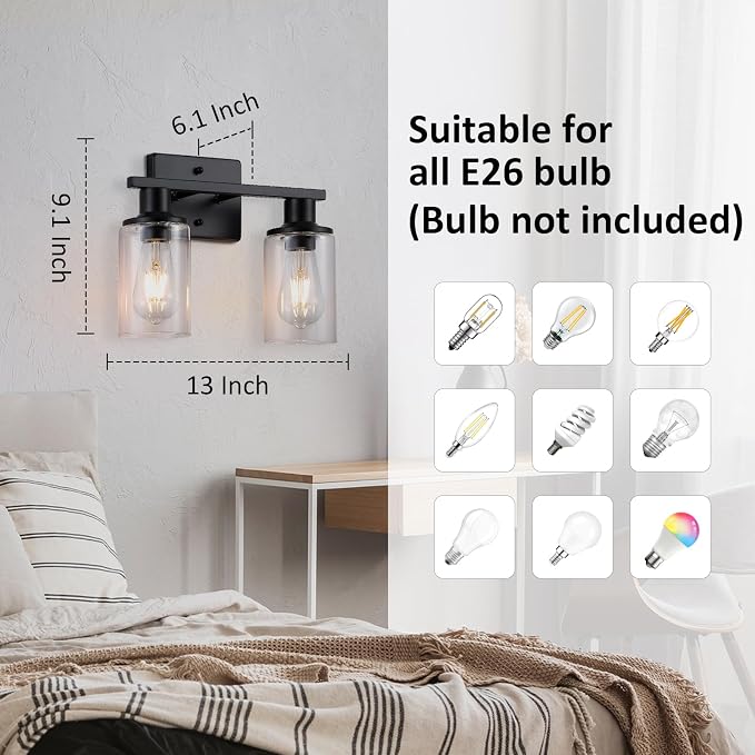 2-Light Matte Black Bathroom Vanity Light,Bathroom Light Fixtures Over Mirror with Clear Glass Shade,Modern Farmhouse Wall Sconces Lighting for Kitchen Living Room Cabinet