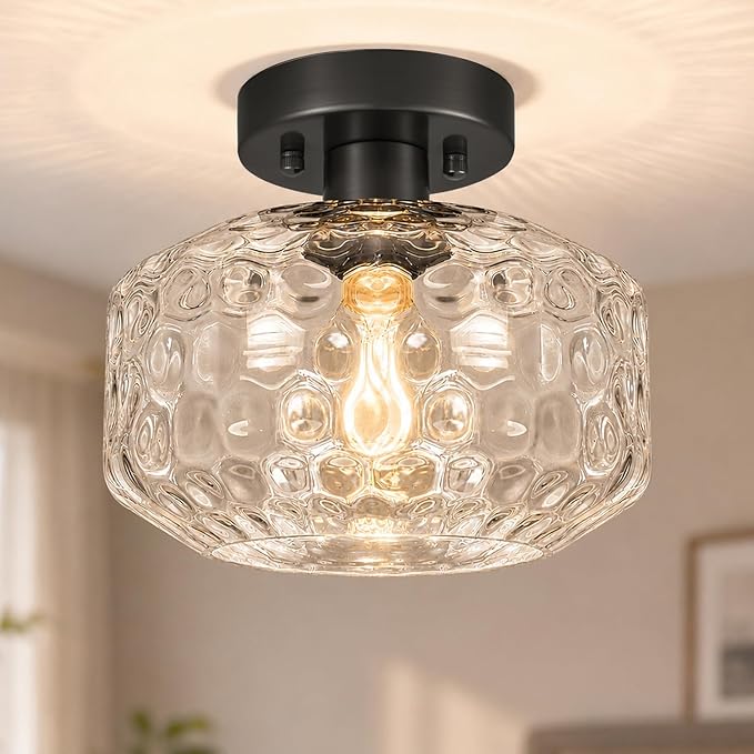 DSMJFU Black Semi Flush Mount Ceiling Light, Vintage Small Ceiling Light Fixture, Hallway Lighting Fixture with Hammered Glass, Kitchen Ceiling Mount Light for Entry Way, Bedroom, Bathroom
