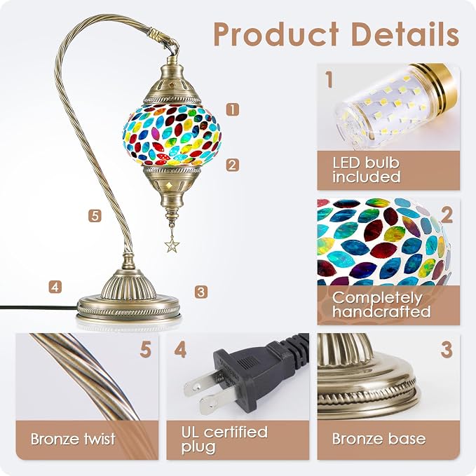 Yarra-Decor Turkish Moroccan Lamp with Bronze Base 3 Color Options Handmade Swan Neck Mosaic Glass Bedside Lamps for Bedroom (LED Bulb Included)(Colorful3)