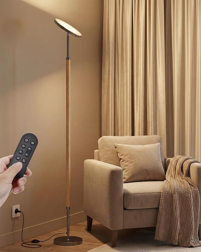 Wood LED Torchiere Floor Lamp with Remote, 3000LM Dimmable | 69" Tall Uplight, 3000K-6500K Color Temperature, 1-Hour Timer, Eye-Caring Lighting, For Living Room, Bedroom & Office