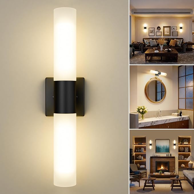 Modern 21" Bathroom Vanity Wall Sconce, Frosted Glass, Black | Indoor Lighting Fixture, For Living Room, Stairs & Bedroom, Mounting Hardware Included, Easy To Install, Sturdy Metal Build.