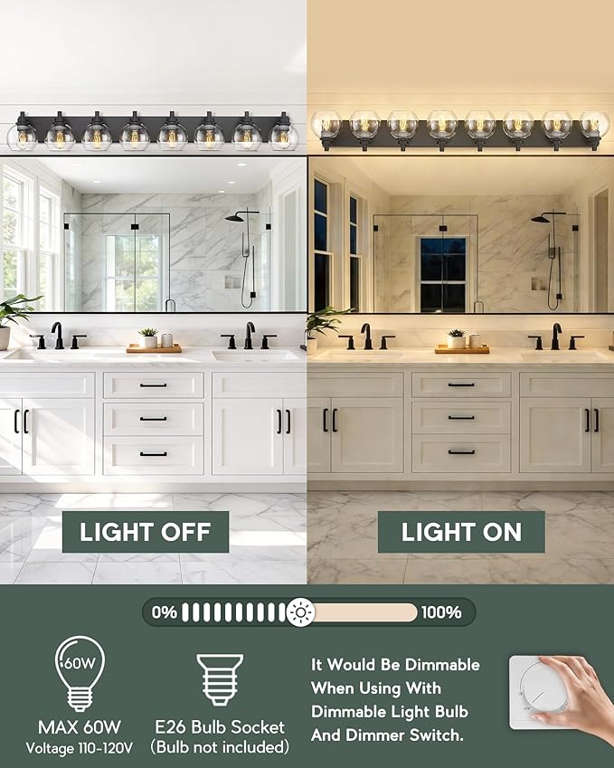 8-Light Bathroom Light Fixtures, Matte Black Vanity Light, 52 Inch Modern Wall Sconces with Globe Clear Glass Shade, Vanity Lighting Fixtures Over Mirror, VL195-MB-8