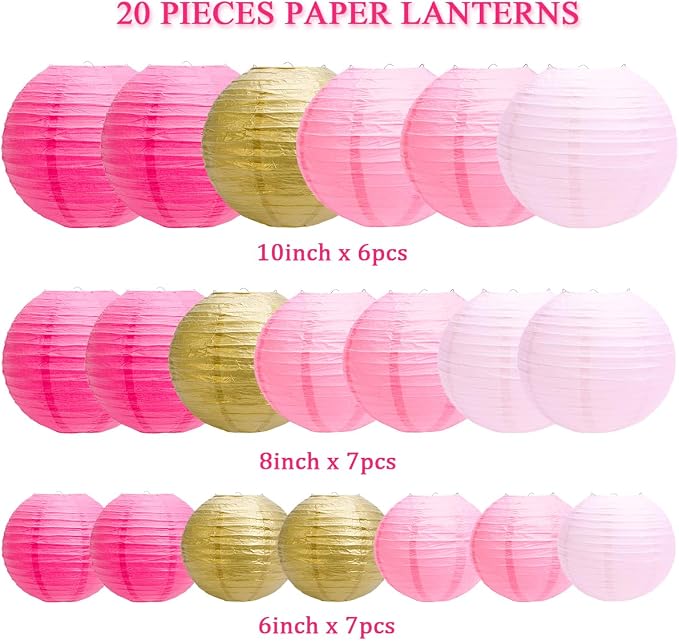 Paper Lanterns Party Decorations, Hanging Round Chinese Lanterns for Graduation Baby Shower Pink Birthday Decorations Pack of 20 Pink Gold