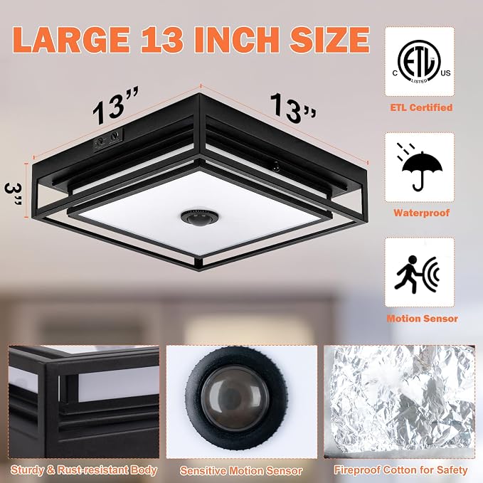 13" Motion Sensor Outdoor Ceiling Light Large Flush Mount Lighting 2 Pack | Modern Outdoor Ceiling Lights for Porch, Adjustable Color, Exterior Waterproof Ceiling Light Dusk till Dawn, Anti-Rust