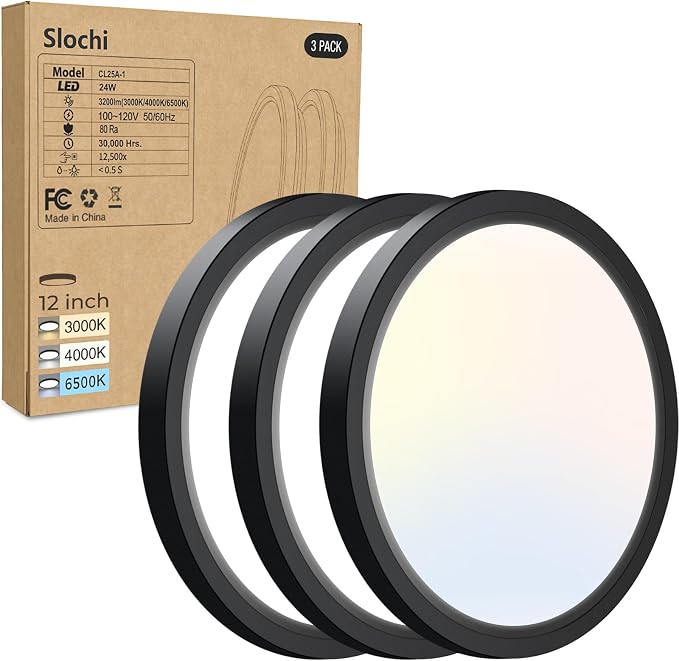 3 PackFlush Mount LED Ceiling Light Fixture Black, 12Inch & 3000K-4500K-6000K Ceiling Lamp 3200LM Ceiling Light for Bedroom, Bathroom, Kitchen, Living Room
