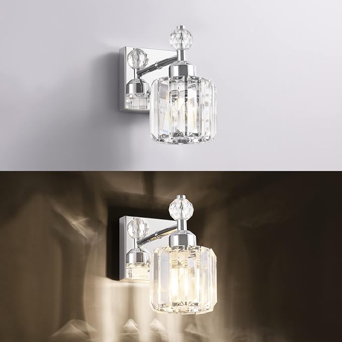 PRESDE Single Crystal Wall Sconce, Modern Chrome Vanity Light Fixture, 1-Light Wall Lamp for Bathroom Bedroom Hallway