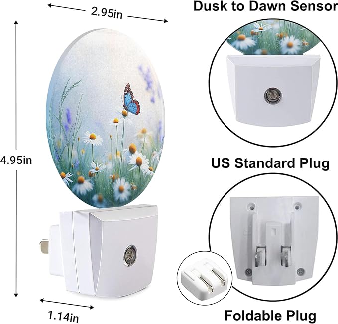 Floral Night Light Lamp Herbs and Wild Flowers Butterfly Daisy Chamomile Blossom LED Nightlights with Dusk-to-Dawn Sensor, Gifts for Girls Women Birthday Mother's Day