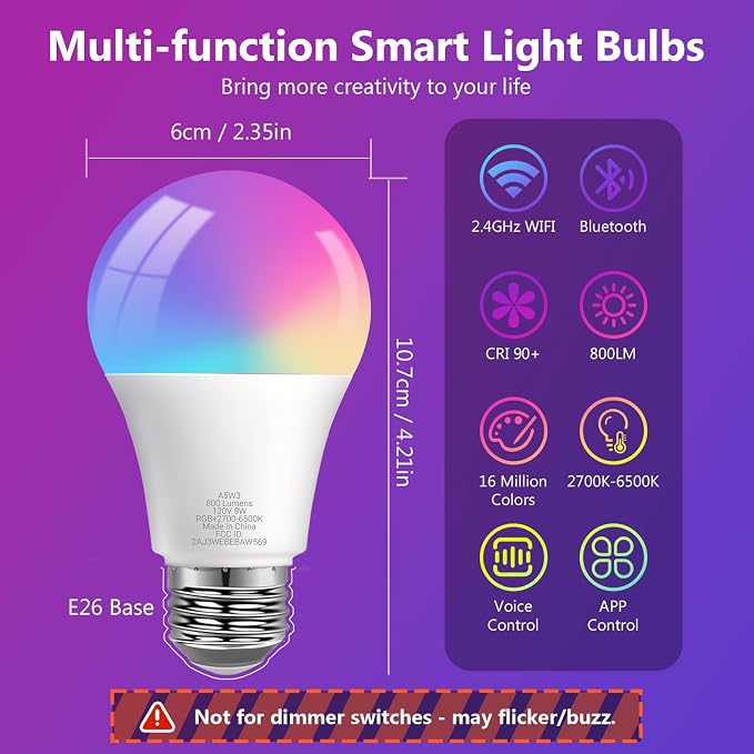 DAYBETTER Smart Light Bulbs,Compatible with Alexa & Google Home | 2 Pack A19 E26 Bulbs, 800LM 60W Equivalent,Dimmable RGB+CCT Color Changing,2.4GHz WiFi & Bluetooth,Music Sync,Preset Scenes