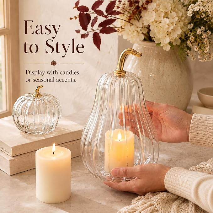 Yungyan Set of 3 Glass Pumpkin Lamp Shades Fall Decor,Clear | Pumpkin Candle Holder Rustic Thanksgiving Halloween Autumn Mantel Table Centerpiece Home Decoration, Lights Not Included