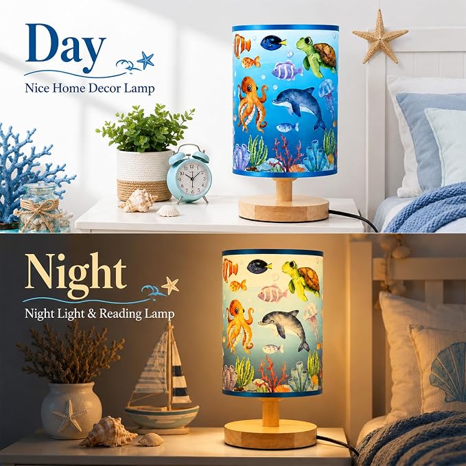 Under the Sea Table Lamp Ocean Animals Fish 3 Colors Dimmable Lights Underwater World LED Night Light Bedside Decor with Wooden Base Fabric Lampshade for Bedroom Living Room Home Decor Birthday Gift