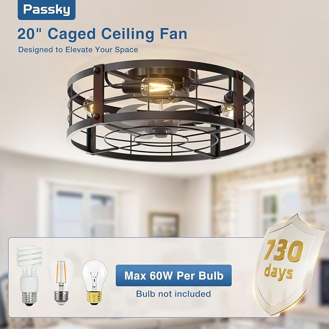 Passky 20" Caged Ceiling Fans with Lights and Remote, Low Profile Fandelier | Reversible DC Motor, 1/2/4H Timer, 6 Speeds, Farmhouse Style, Quiet Operation, for Bedroom, Kitchen, Dining Room, Living Room