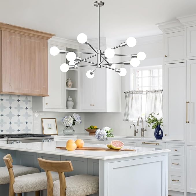 33" Modern Chandelier Ceiling Light Fixture, 12-Light Sputnik Chandeliers Brushed Nickel Mid Century Chandelier Over Table, Height Adjustable Chandeliers for Dining Room Living (Bulbs Not Included)