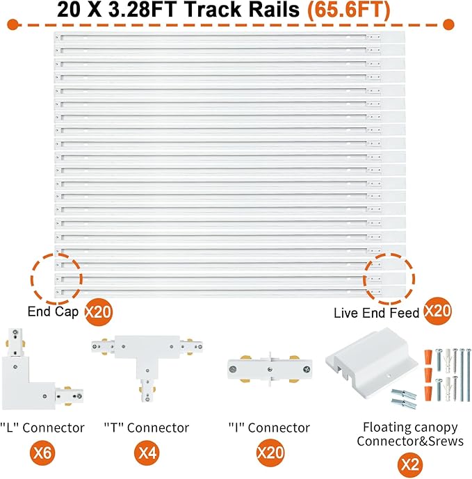 65.6FT H Track Lighting Rail Kit, White H Type Track Lighting Rails with Floating Canopy Connector, I&L&T Connector, End Caps and Live End Feed for 120V H Style 3-Wire Heads