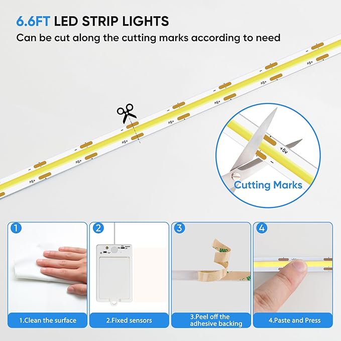 OMIKA COB Motion Sensor LED Strip Light, 6.56ft 640LEDs Closet Lights, Rechargeable Battery Operated Stair Strip Lights for Bed, Pantry, Shelves, Cabinet, Locker, 6000K Cool White, 2 Pack