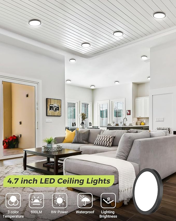 1PACK LED Flush Mount Ceiling Light Fixture Black,4.7Inch 3000k/4500k/6000K Ceiling Light, Ultra-Thin LED Recessed Ceiling Light for Bedroom, Living Room, Kitchen, Hallway