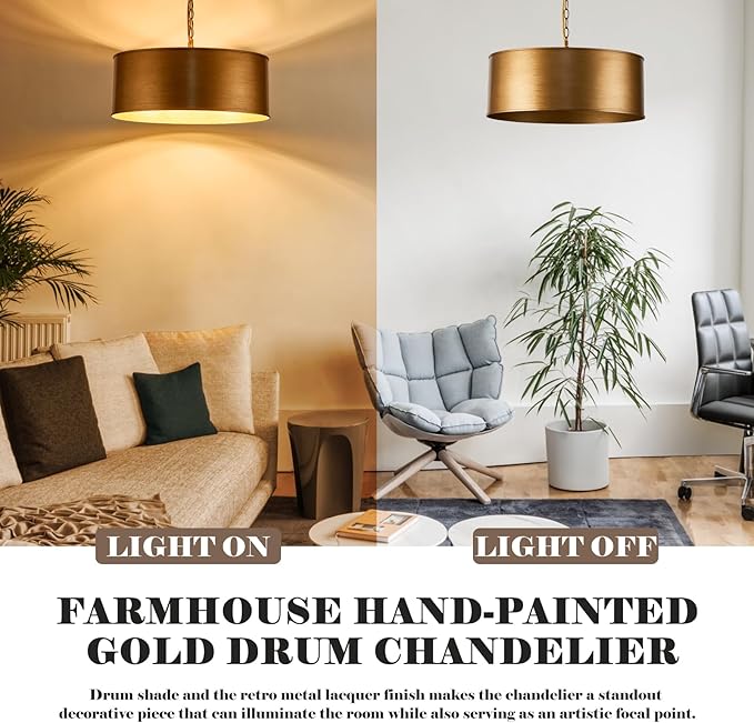 21" Vintage Metal Drum Chandelier, 4-Light E26 Industrial Adjustable Chain Hanging Pendant Light Fixtures for Foyer Entryway Kitchen Bedroom, Golden Bronze Finish