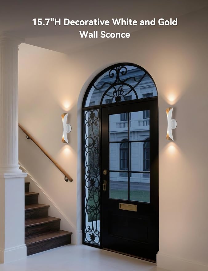 Tubicen Wall Sconces Dimmable Up and Down Indoor Theater Sconce Lights White and Gold Hardwired Modern Decorative Wall Lights for Living Room Bedroom Hallway Stairway 15.7" H