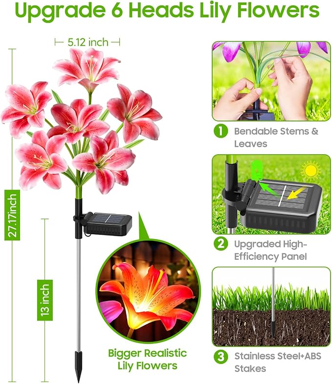 LETMY Solar Garden Lights, 6 Pack Solar Flower Lights with 6 Head Bigger Lily Lights, IP65 Waterproof Solar Lights Outdoor, Decorative Lights for Garden, Patio, Yard, Flower Bed