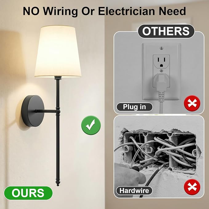 Battery Operated Wall Sconces Set of 2, Rechargeable Wireless Wall Lights with Remote, RGB Dimmable Wall Lamp for Bedroom Wall Decor Living Room Hallway (Black)