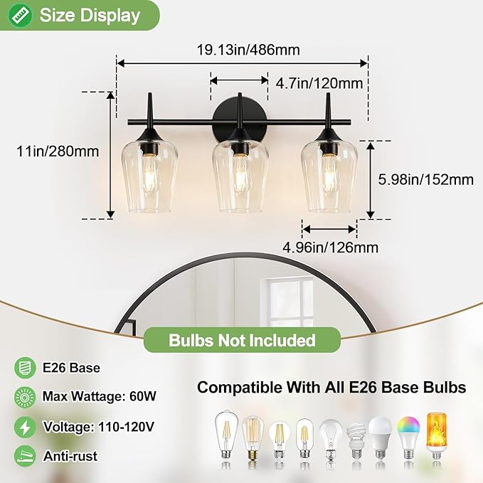 3-Light Bathroom Light Fixtures, Black Vanity Lights for Bathroom with Clear Glass, 19.5 Inch Bathroom Lighting Fixtures Over Mirror, Modern Wall lamp for Cabinet Hallway
