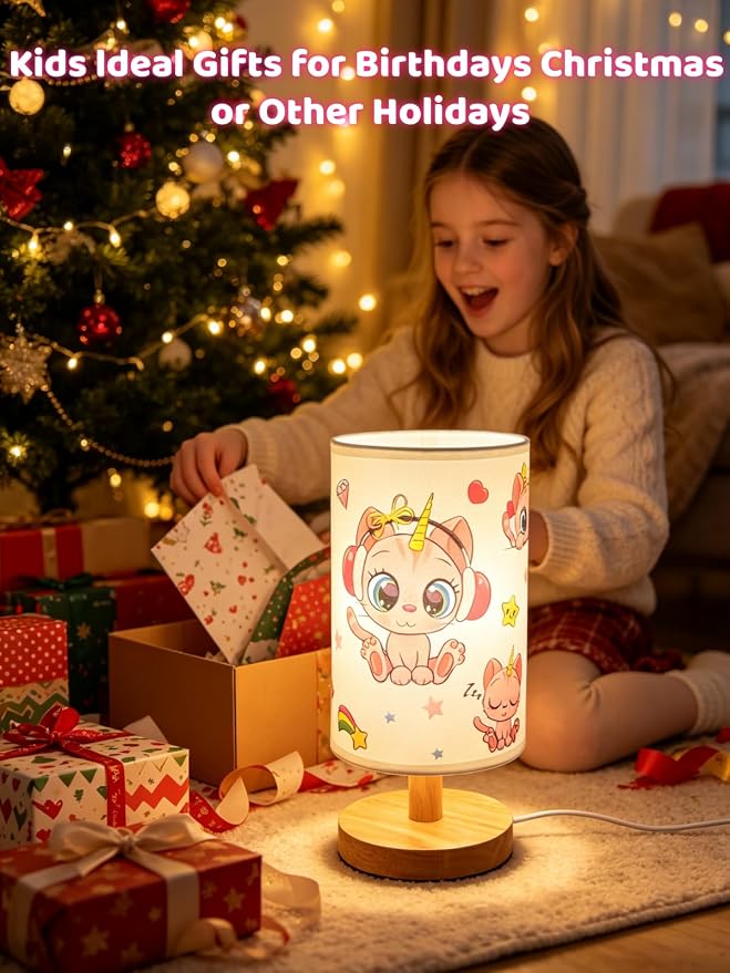 Cat Lamp,Kitty Gifts for Girl,Kids Table Lamp for Bedroom Bedside Lamps,3 Colors Dimmable LED Nightstand Night Light with Flaxen Fabric Shade Desk Lamp for Boys Girls Room Nurser Decor