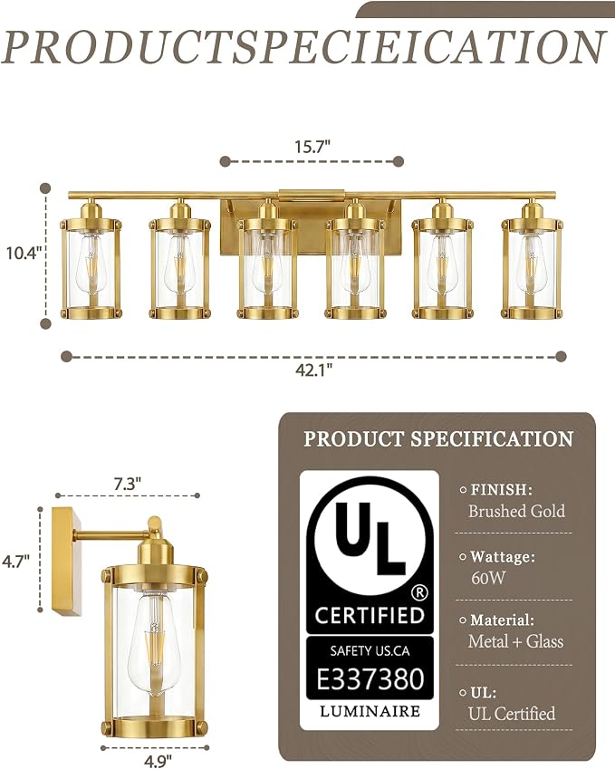 6-Light Brushed Gold Bathroom Light Fixtures Over Mirror with Clear Glass and Metal Cage Shade, 42" UL-Listed Modern Farmhouse Wall Sconce for Bath, Hardwire E26, OS-3014BG-6W