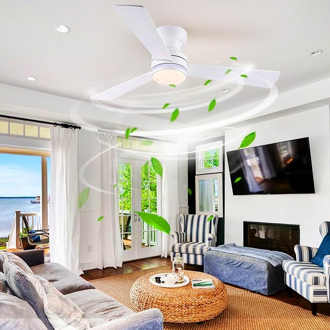 46" 3-Blade White Low Profile RGB Ceiling Fan with Light and Remote/APP | 11 RGB Modes,Reversible 6 Wind Speeds,Dimmable 3 CCT LED, 25W Quiet DC Motor,Timer,3 Double-Sided Blades,for Bedroom Party
