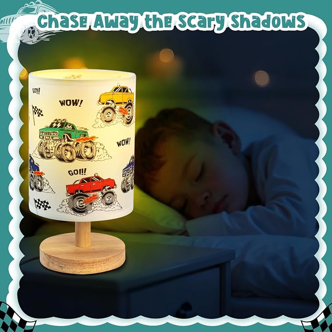 Construction Truck Table Lamp for Kids Bedside Lamp with Linen Wooden Nightstand Cartoon Nursery Lampshade for Bedroom Desk Birthday