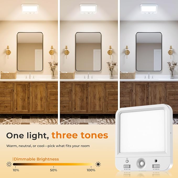TANBABY Rechargeable Motion Sensor Ceiling Light, Wireless Remote, 7-Inch | Wireless LED Shower Light, 8000mAh Battery Long Lasting Closet Light, 3 Color Dimmable, Timer, No Wiring for Hallway Pantry