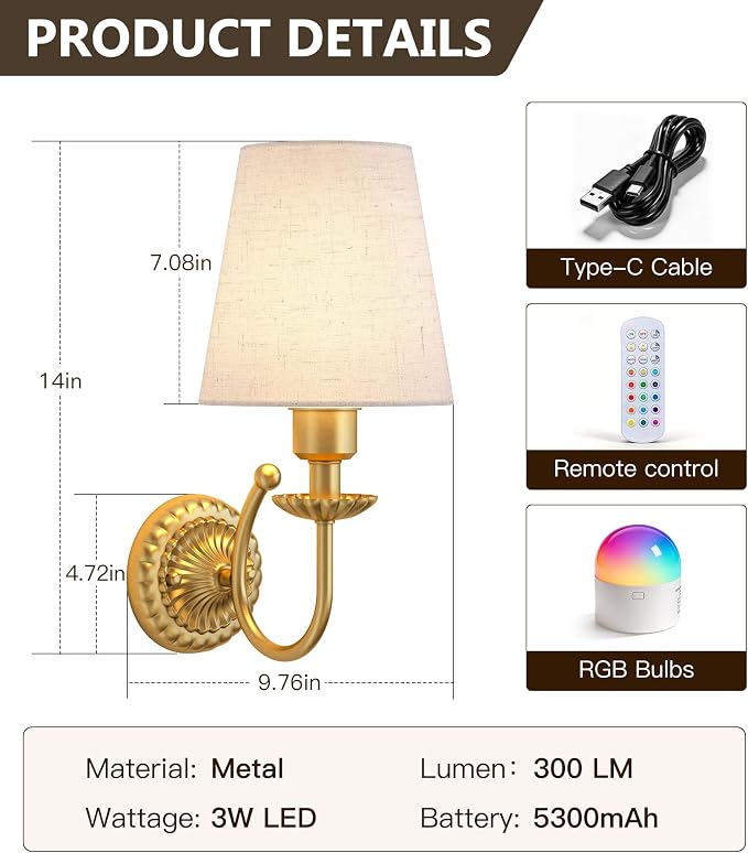 Wireless Wall Sconces Set of Two 14"H, 5300mAh Battery Operated Wall Sconce, Rechargeable Bulbs with Remote, 15 Colors Dimmable Wall Sconces with Fabric Shade for Bedroom Living Room(Brushed Gold)
