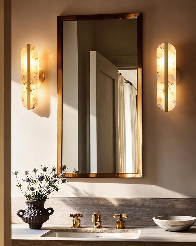 15.7in Natural Alabaster Wall Sconces Marble Wall Sconces, Bulb Included | Gold Bathroom Vanity Light Fixture Modern Oval Stone Wall Mount Lamp Hardwired for Bedroom Living Room Hallway Stairs
